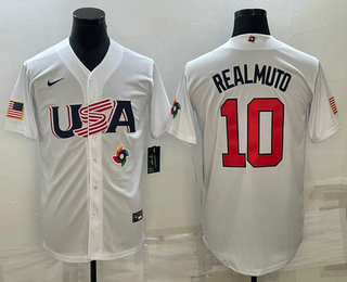 Mens USA Baseball #10 JT Realmuto 2023 White World Baseball Classic Stitched Jerseys